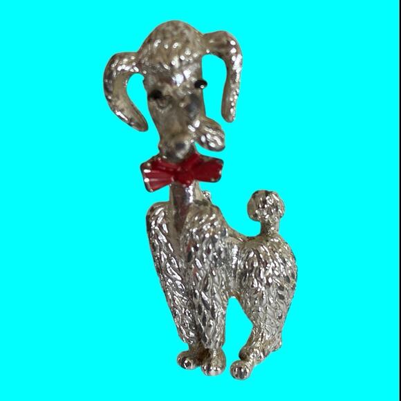 Vintage Silver Tone Poodle Dog With Red Bow Tie Brooch Pin 1.25” Tall - Picture 7 of 8